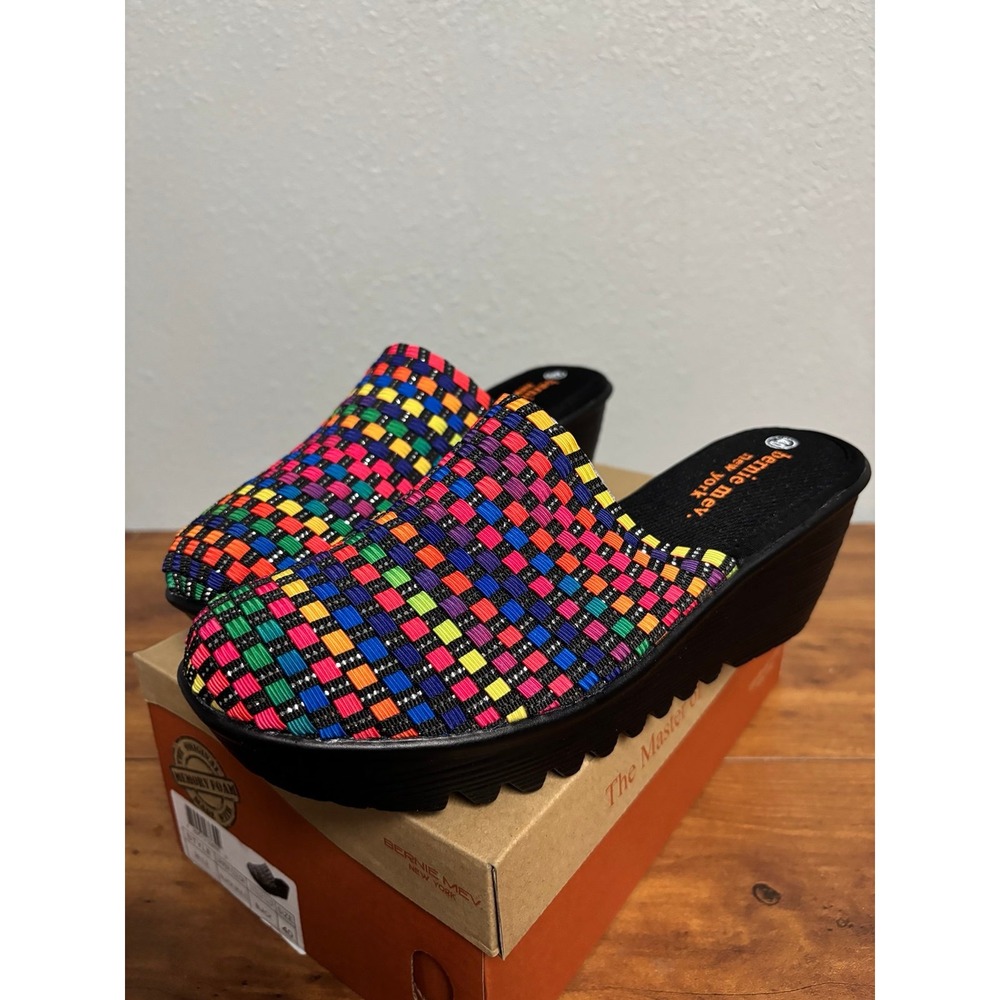 Bernie Mev Mule Black Multi Rainbow Woven Wedge Sandals Womens Size 40 US 9